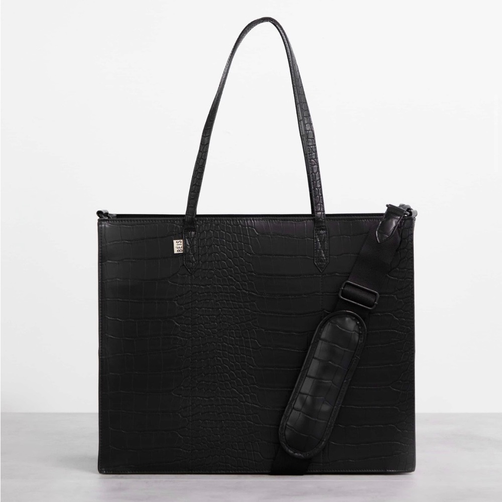 Black Leather Croc Work Tote